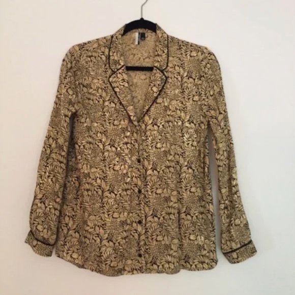 Black & Gold Patterned Topshop Long Sleeve Button Down [Size 4] - Picture 1 of 3